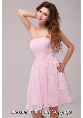 Lovely Strapless Prom Dress by Baby Pink Printed Fabric in Knee-length