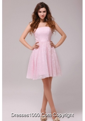 Lovely Strapless Prom Dress by Baby Pink Printed Fabric in Knee-length