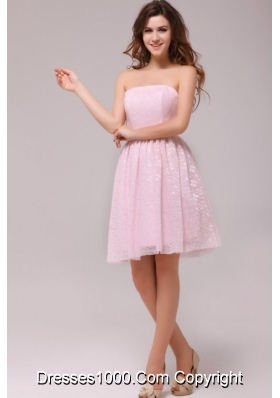 Lovely Strapless Prom Dress by Baby Pink Printed Fabric in Knee-length