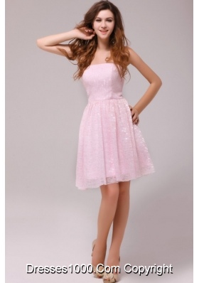 Lovely Strapless Prom Dress by Baby Pink Printed Fabric in Knee-length