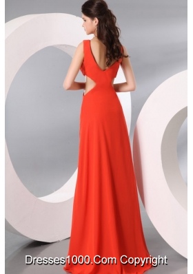 Bateau Chiffon Prom Mother Dresses in Orange Red with Cutout Waist