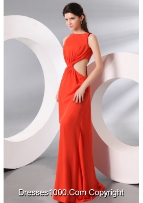 Bateau Chiffon Prom Mother Dresses in Orange Red with Cutout Waist