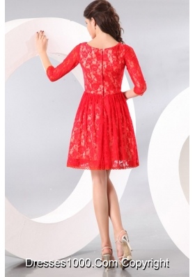 Amazing Short Red Prom Dress with Lace Overlay and Half Sleeves