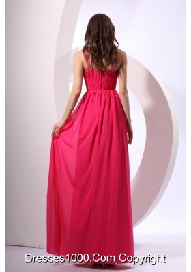 Beading Decorated Shoulder Coral Red Chiffon Empire Prom Gown Dress