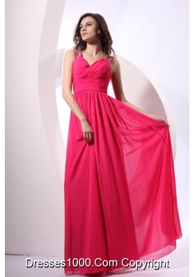 Beading Decorated Shoulder Coral Red Chiffon Empire Prom Gown Dress