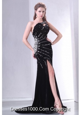 Black One Shoulder High Slit Brush Train Prom Maxi Dress with Beading