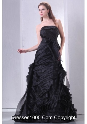 Black Strapless Ruffled Layers Full-length Prom Dress with Sash