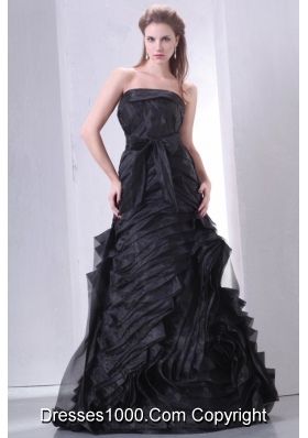 Black Strapless Ruffled Layers Full-length Prom Dress with Sash