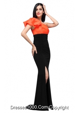 Graceful Black and Orange One Shoulder High Silt Prom Dress