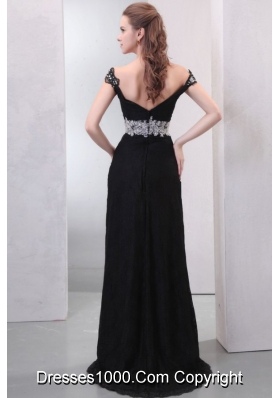 Beautiful Black Off the Shoulder Prom Dress with White Accents and Slit