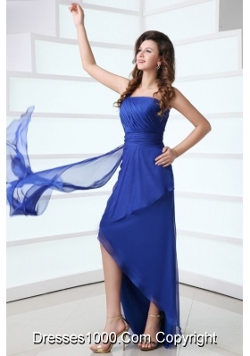 Blue Column One Shoulder Ruching High-low Chiffon Prom Gown Dress