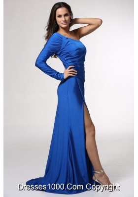 Blue Long Sleeve Prom Evening Dress with High Slit
