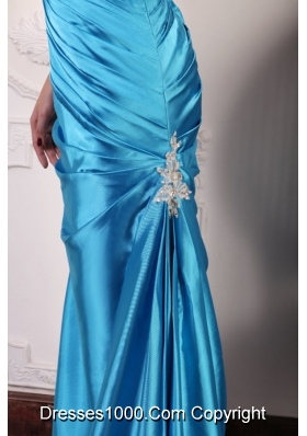 One Shoulder Beading and Ruching Floor-length Prom Gowns in Blue