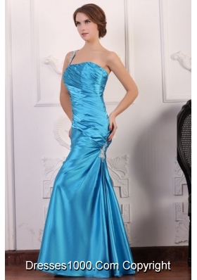 One Shoulder Beading and Ruching Floor-length Prom Gowns in Blue