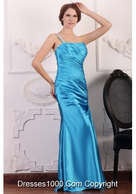 One Shoulder Beading and Ruching Floor-length Prom Gowns in Blue