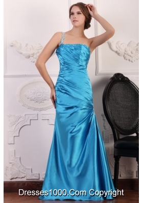 One Shoulder Beading and Ruching Floor-length Prom Gowns in Blue