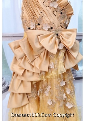 Bowknot Unique Sweetheart Beading and Flowers Gold Prom Dresses