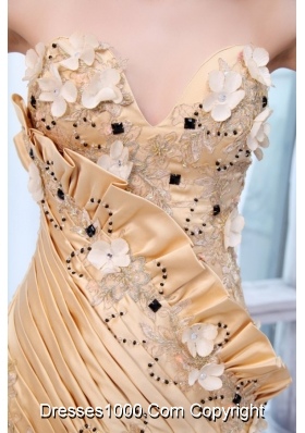 Bowknot Unique Sweetheart Beading and Flowers Gold Prom Dresses