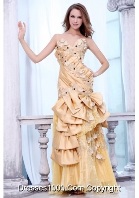Bowknot Unique Sweetheart Beading and Flowers Gold Prom Dresses