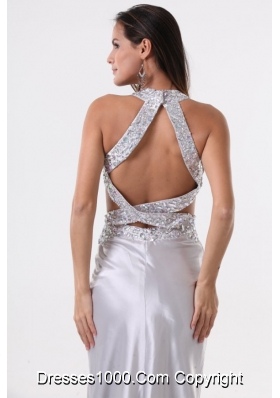 Sexy Silver Column Halter Top Prom Evening Dress with Beading