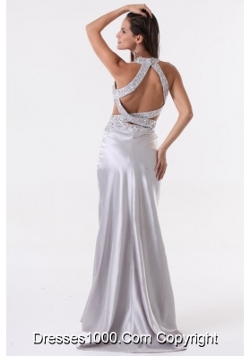 Sexy Silver Column Halter Top Prom Evening Dress with Beading