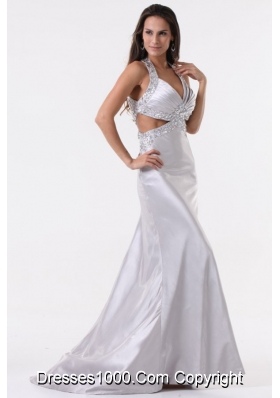 Sexy Silver Column Halter Top Prom Evening Dress with Beading