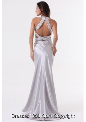 Sexy Silver Column Halter Top Prom Evening Dress with Beading