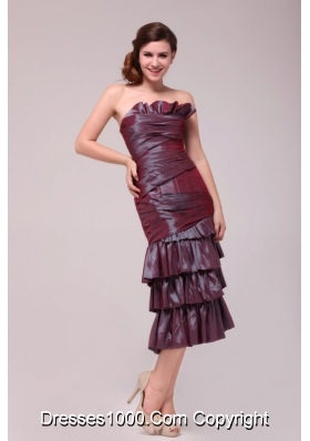 Hot Burgundy Column Tea-length Prom Dress with Ruffled Layers