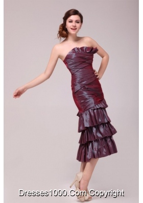 Hot Burgundy Column Tea-length Prom Dress with Ruffled Layers