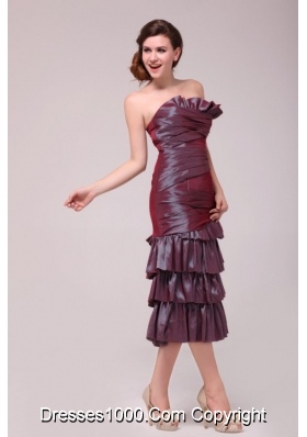 Hot Burgundy Column Tea-length Prom Dress with Ruffled Layers