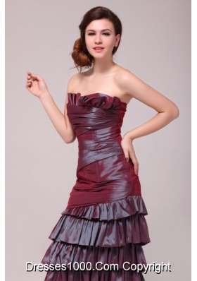 Hot Burgundy Column Tea-length Prom Dress with Ruffled Layers