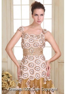 Pretty Prom Dress with Cap Sleeves by Printed Fabric and Gold Tulle