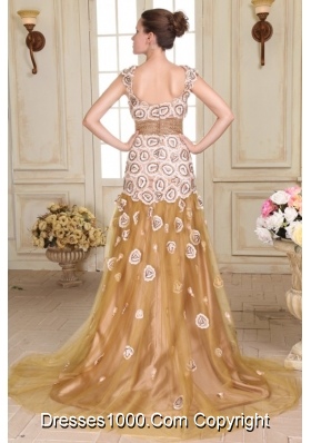 Pretty Prom Dress with Cap Sleeves by Printed Fabric and Gold Tulle