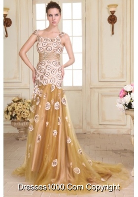 Pretty Prom Dress with Cap Sleeves by Printed Fabric and Gold Tulle