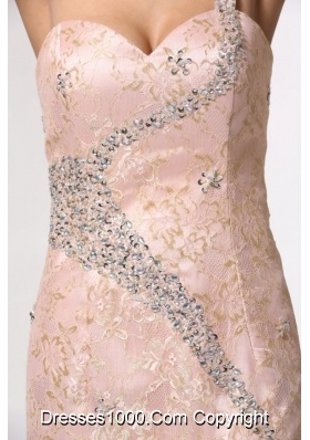 Champagne One Shoulder High Slit Prom Dress with Lace and Beading