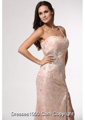 Champagne One Shoulder High Slit Prom Dress with Lace and Beading