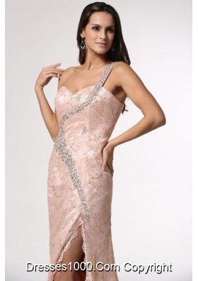 Champagne One Shoulder High Slit Prom Dress with Lace and Beading