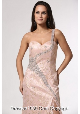 Champagne One Shoulder High Slit Prom Dress with Lace and Beading