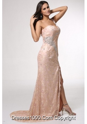 Champagne One Shoulder High Slit Prom Dress with Lace and Beading