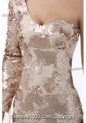 Stunning Sequins Champagne One Shoulder Long Sleeve Prom Dress