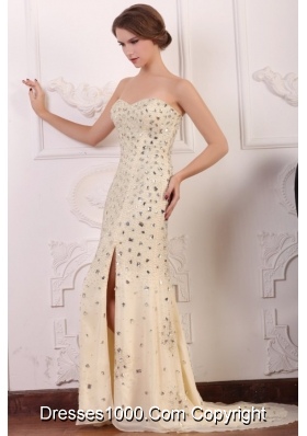 Diamonds Over Skirt Slit Champagne Prom Pageant Dresses with Train