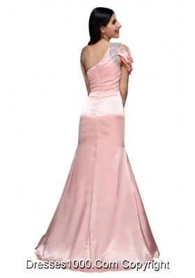 2014 Baby Pink One Shoulder Beading and Ruching Long Prom Gowns