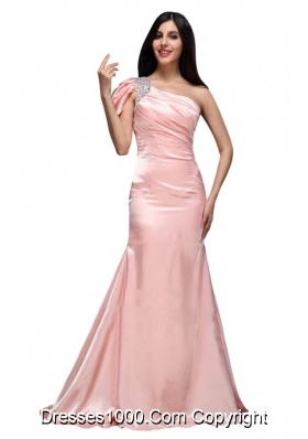 2014 Baby Pink One Shoulder Beading and Ruching Long Prom Gowns