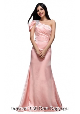 2014 Baby Pink One Shoulder Beading and Ruching Long Prom Gowns