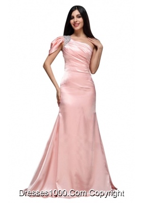 2014 Baby Pink One Shoulder Beading and Ruching Long Prom Gowns