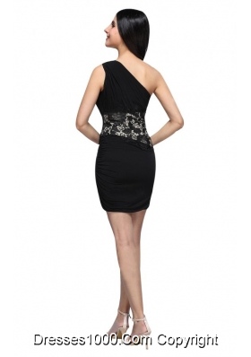 Column Black One Shoulder Appliques and Ruching Chiffon Prom Dress