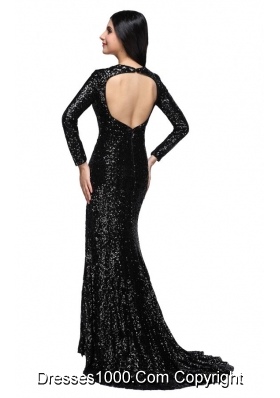 Black Sequins Square Long Sleeves High Slit Brush Train Prom Dress