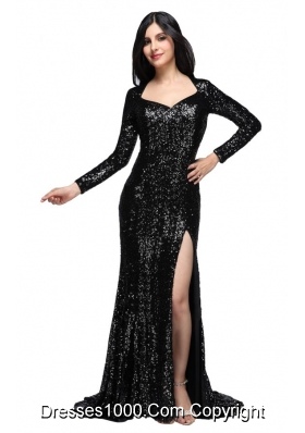 Black Sequins Square Long Sleeves High Slit Brush Train Prom Dress