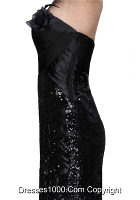 Column Black Strapless Sequins High Slit Brush Train Dresses for Prom