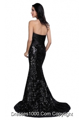 Column Black Strapless Sequins High Slit Brush Train Dresses for Prom